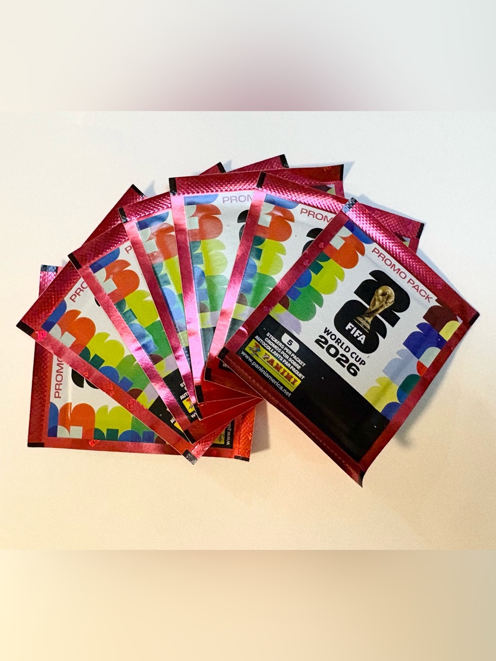 2026 FIFA World Cup Panini Sticker Promo Pack. 5 Stickers Per Pack. 7 Packs Per
